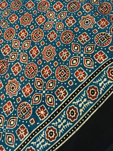 Ajrakh hand block printed modal silk saree | Blue | Ships from California